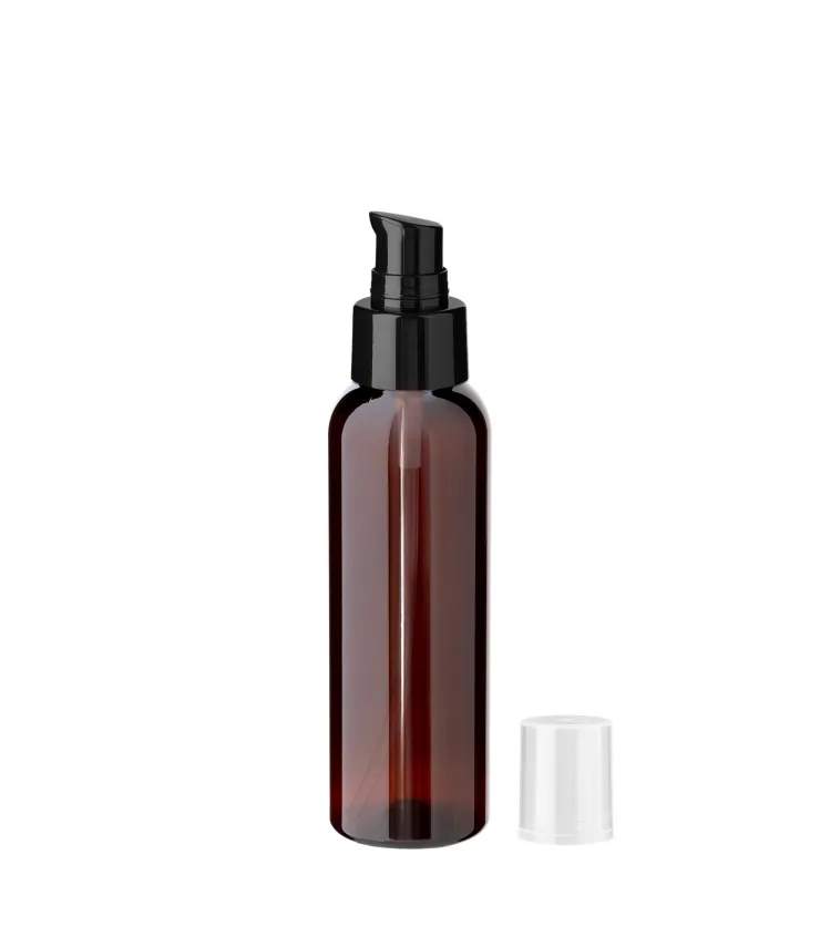 Braune PET-Flasche 100 ml mit schwarzer Pumpe für Pflegeprodukte